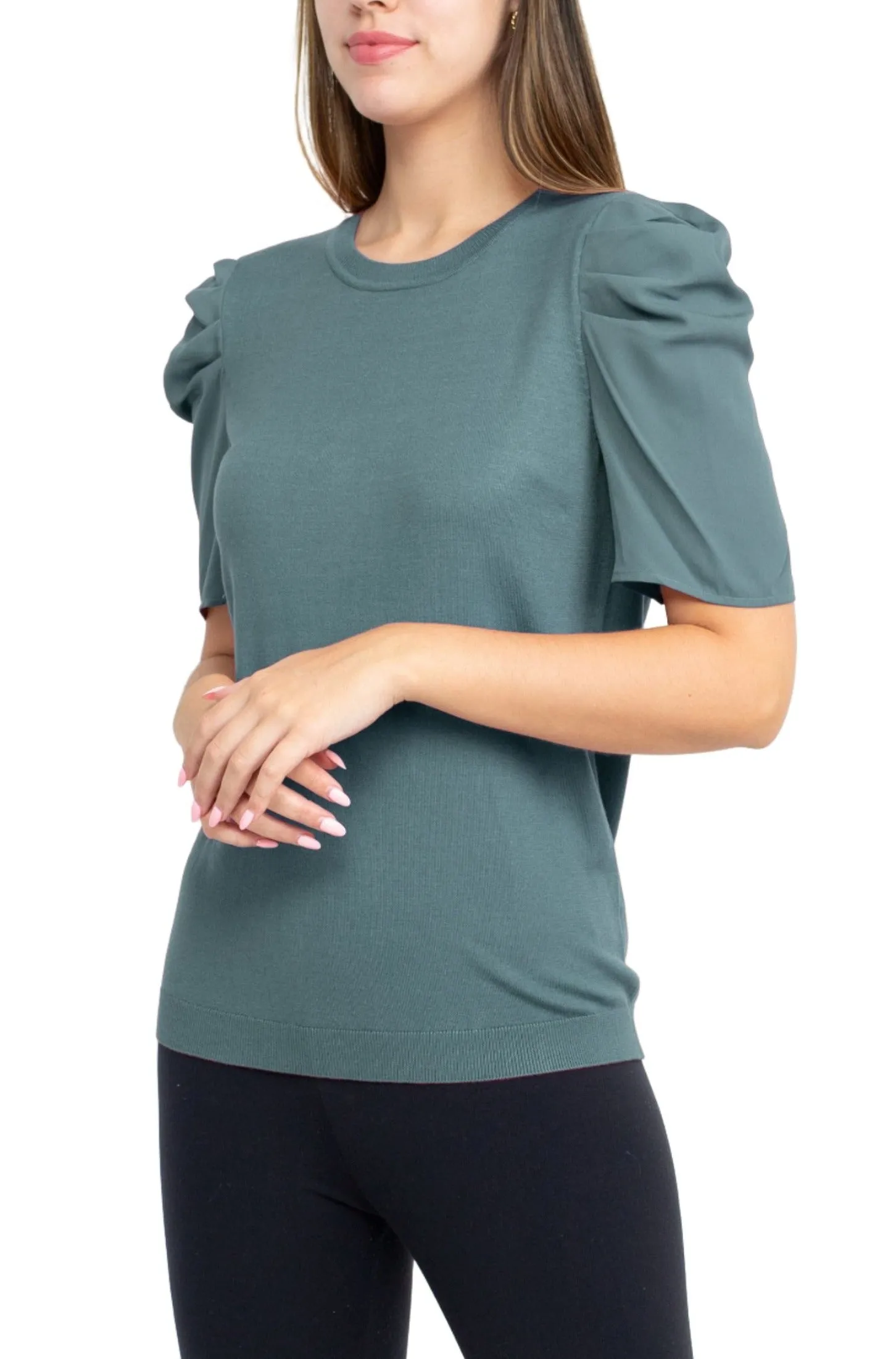 Adrianna Papell Crew Neck Short Sleeve Ruffled Shoulder Solid Knit Top