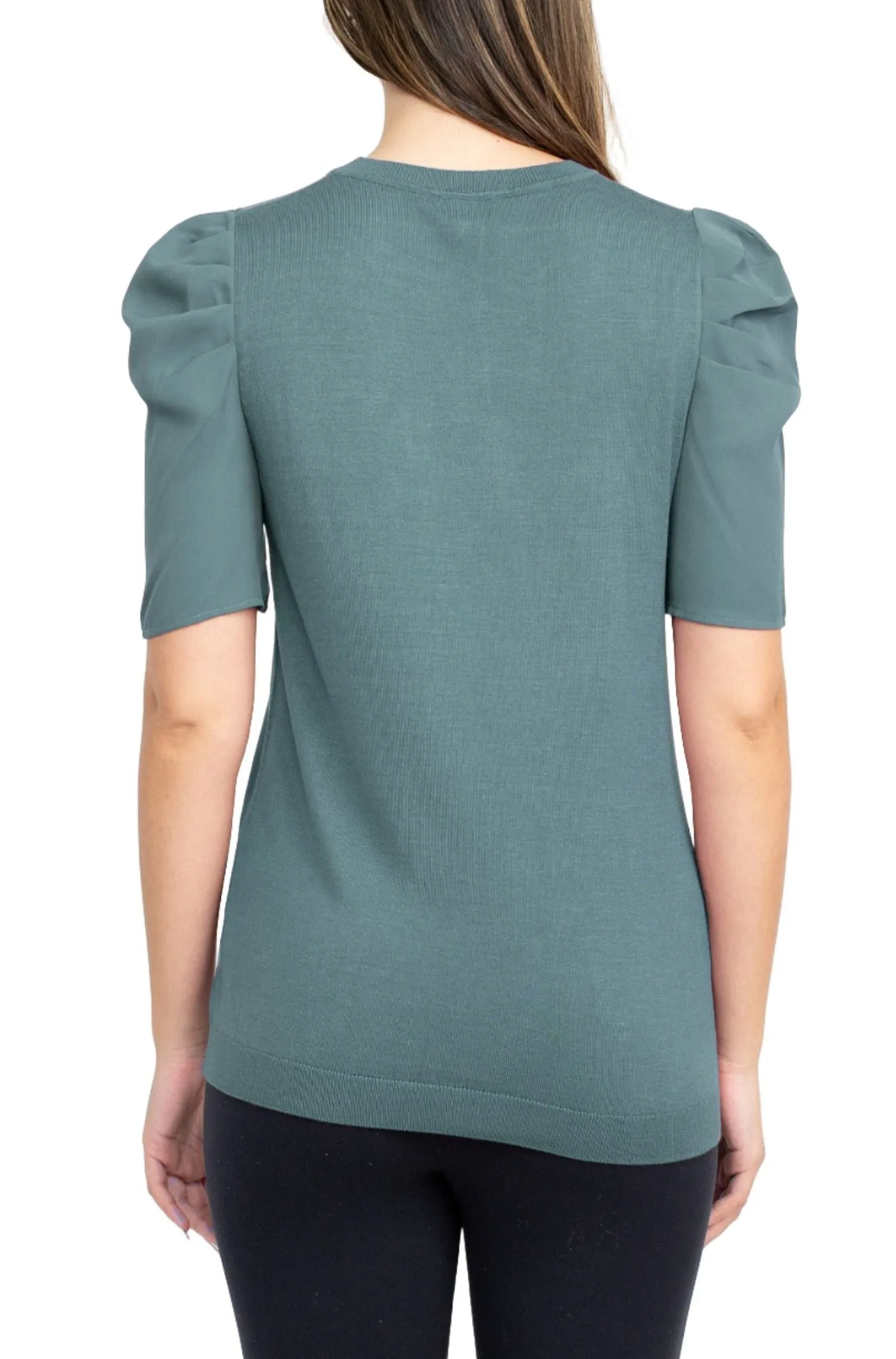 Adrianna Papell Crew Neck Short Sleeve Ruffled Shoulder Solid Knit Top