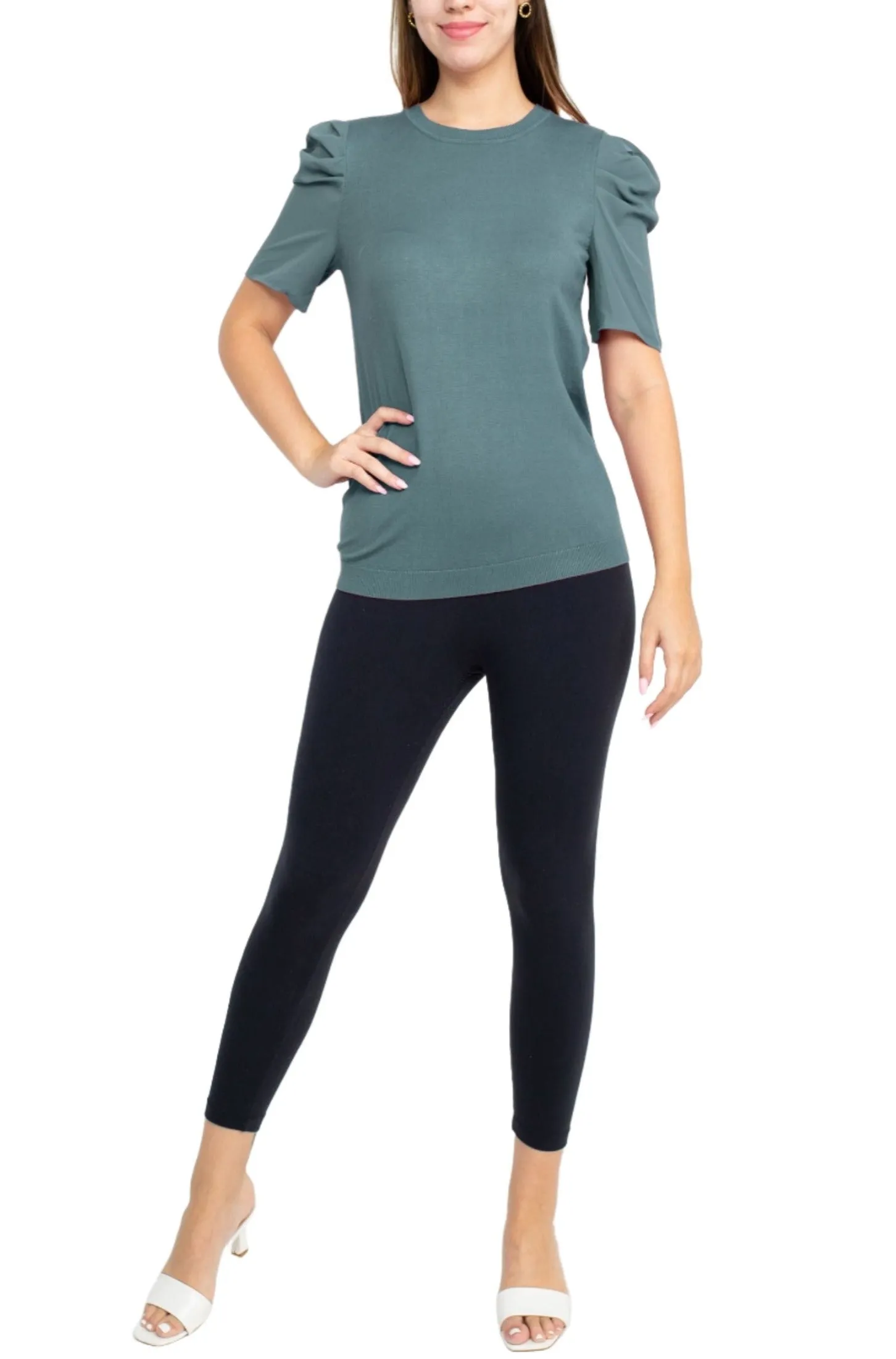 Adrianna Papell Crew Neck Short Sleeve Ruffled Shoulder Solid Knit Top