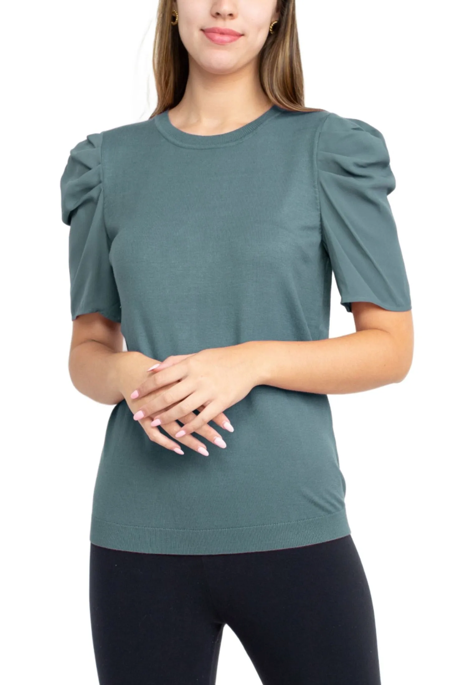 Adrianna Papell Crew Neck Short Sleeve Ruffled Shoulder Solid Knit Top