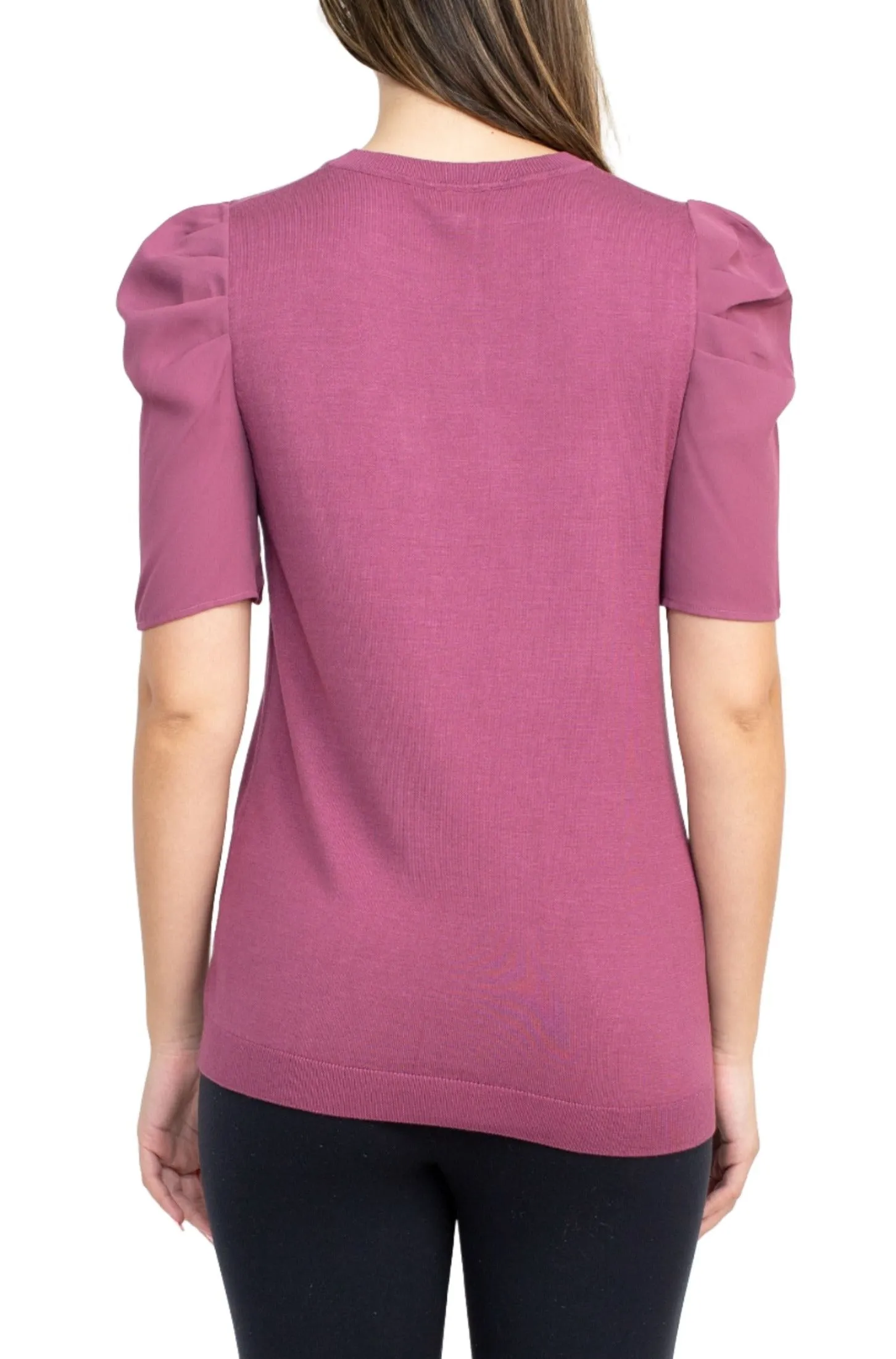 Adrianna Papell Crew Neck Short Sleeve Ruffled Shoulder Solid Knit Top