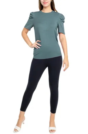 Adrianna Papell Crew Neck Short Sleeve Ruffled Shoulder Solid Knit Top