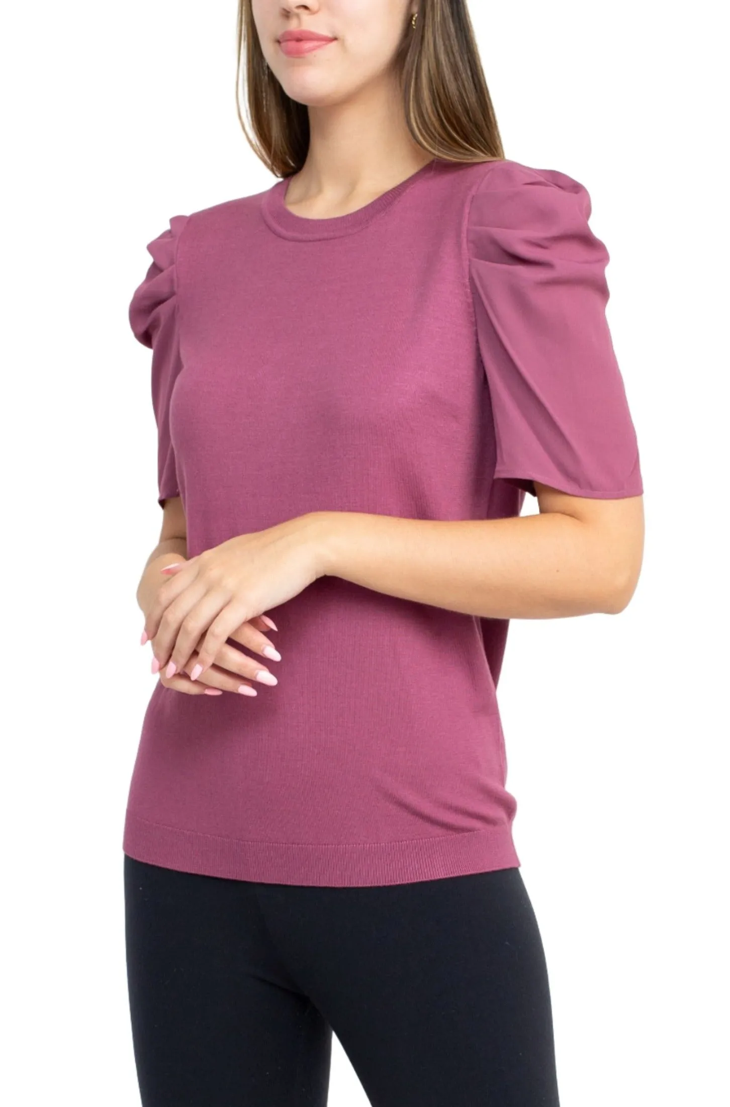 Adrianna Papell Crew Neck Short Sleeve Ruffled Shoulder Solid Knit Top