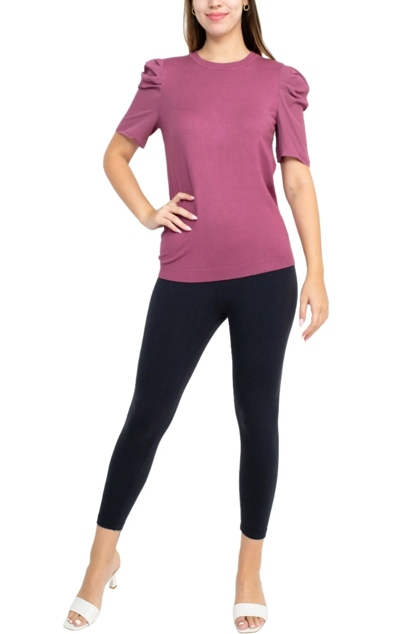 Adrianna Papell Crew Neck Short Sleeve Ruffled Shoulder Solid Knit Top