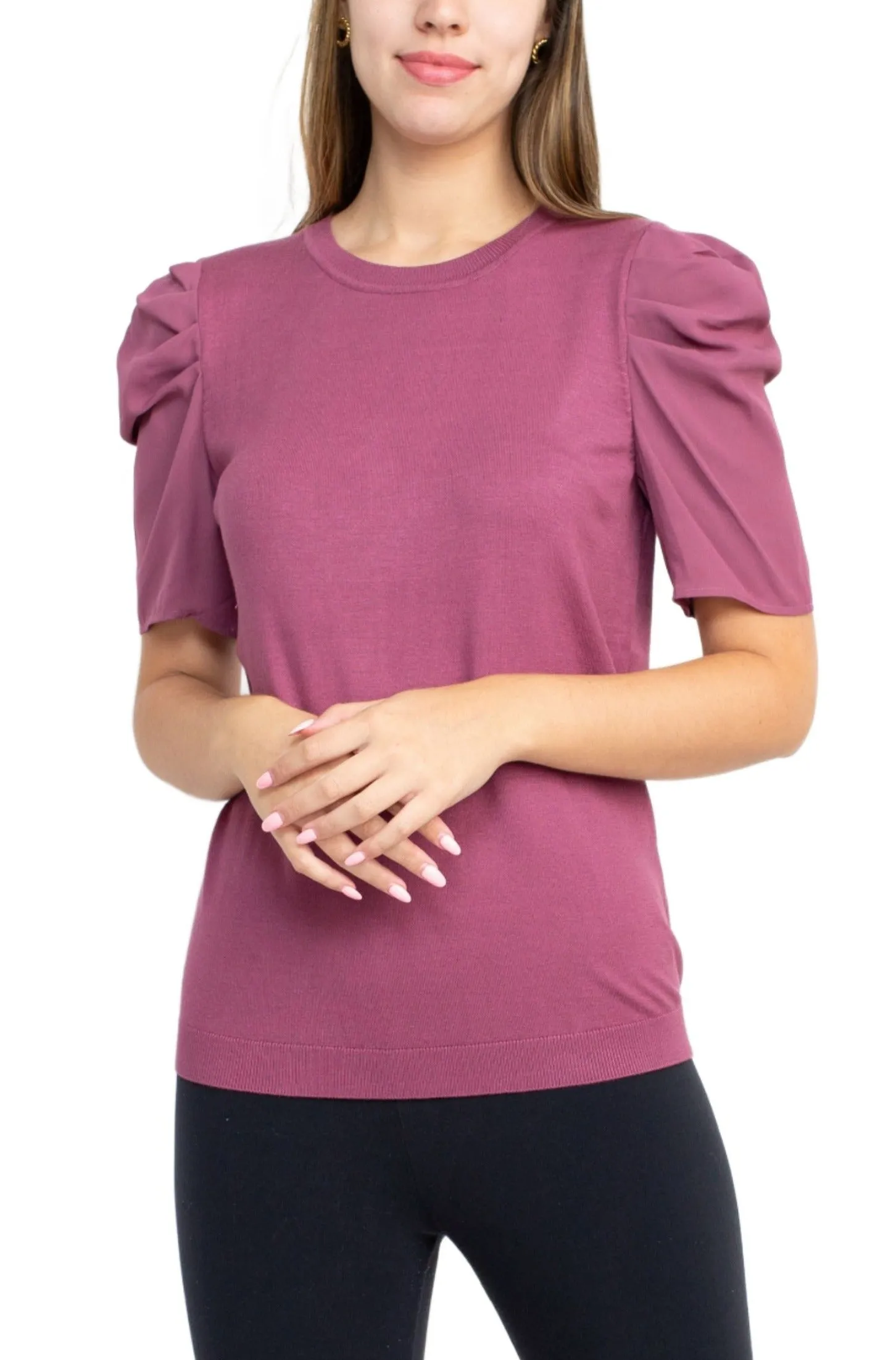Adrianna Papell Crew Neck Short Sleeve Ruffled Shoulder Solid Knit Top
