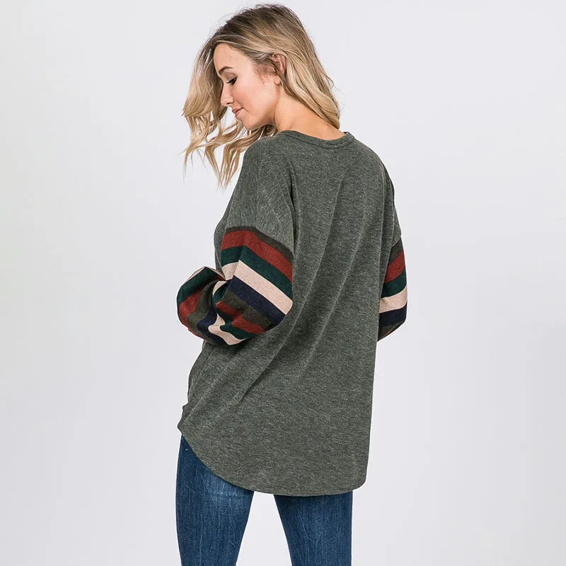 Aine Stripe Sleeve Top Khaki