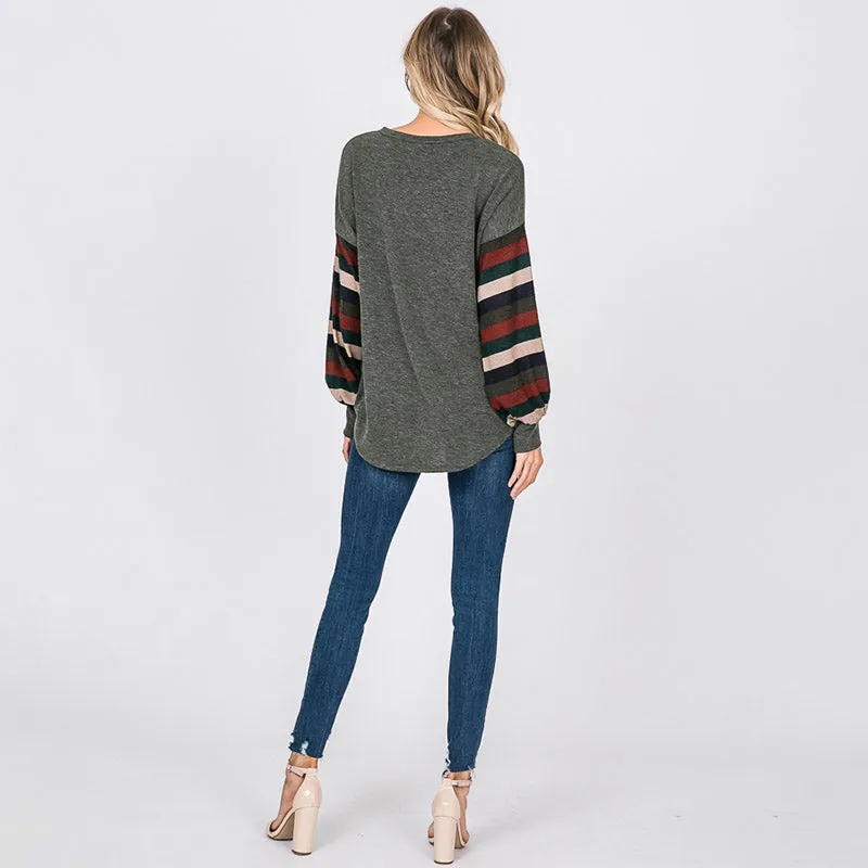 Aine Stripe Sleeve Top Khaki
