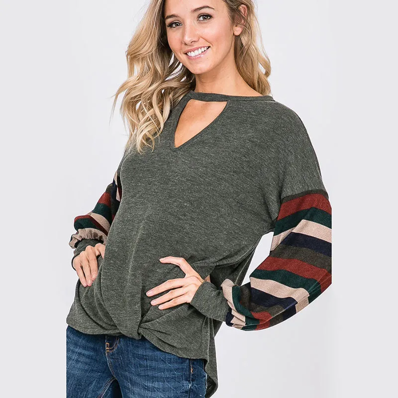 Aine Stripe Sleeve Top Khaki
