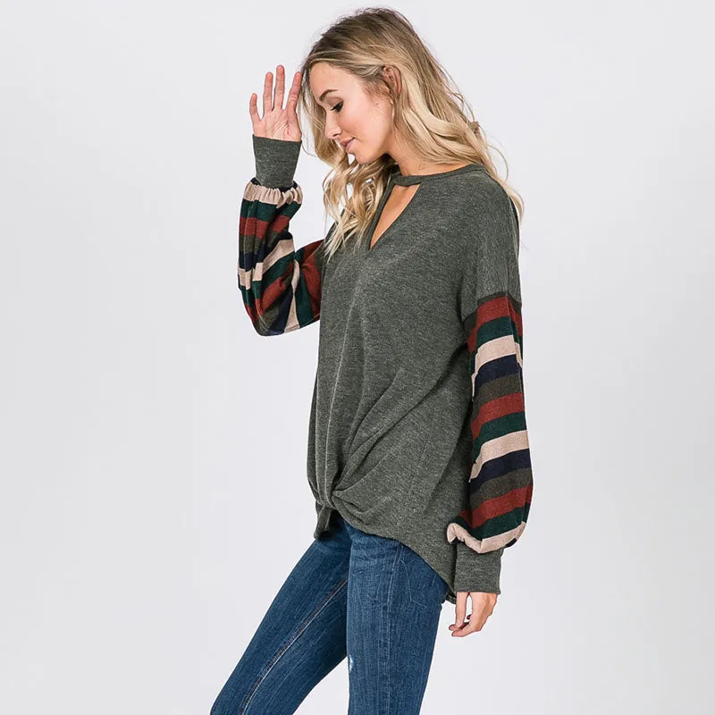 Aine Stripe Sleeve Top Khaki