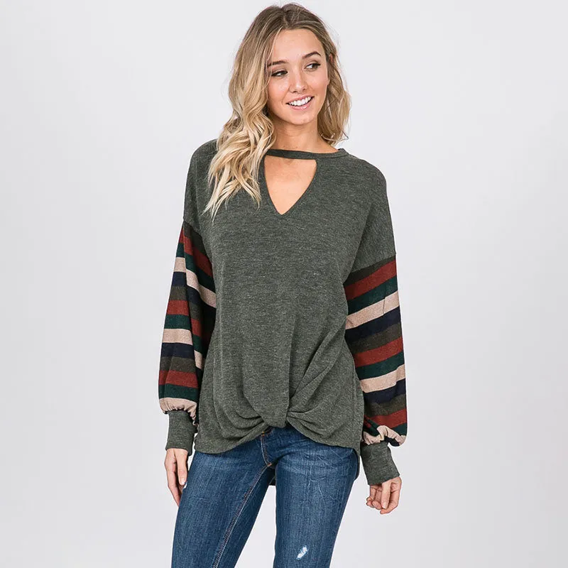 Aine Stripe Sleeve Top Khaki