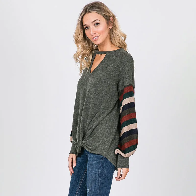 Aine Stripe Sleeve Top Khaki