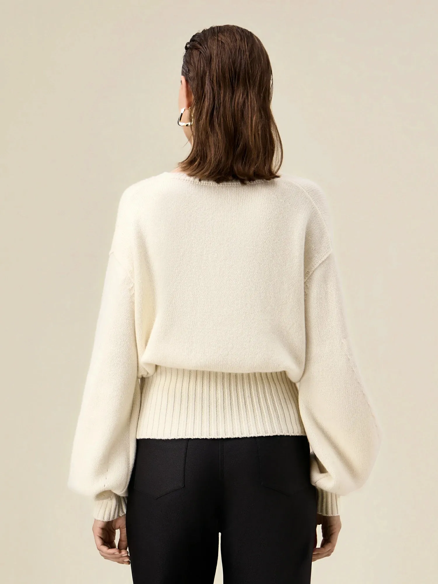 Amoretu Wool Lantern Sleeve Waist Cinching Sweater
