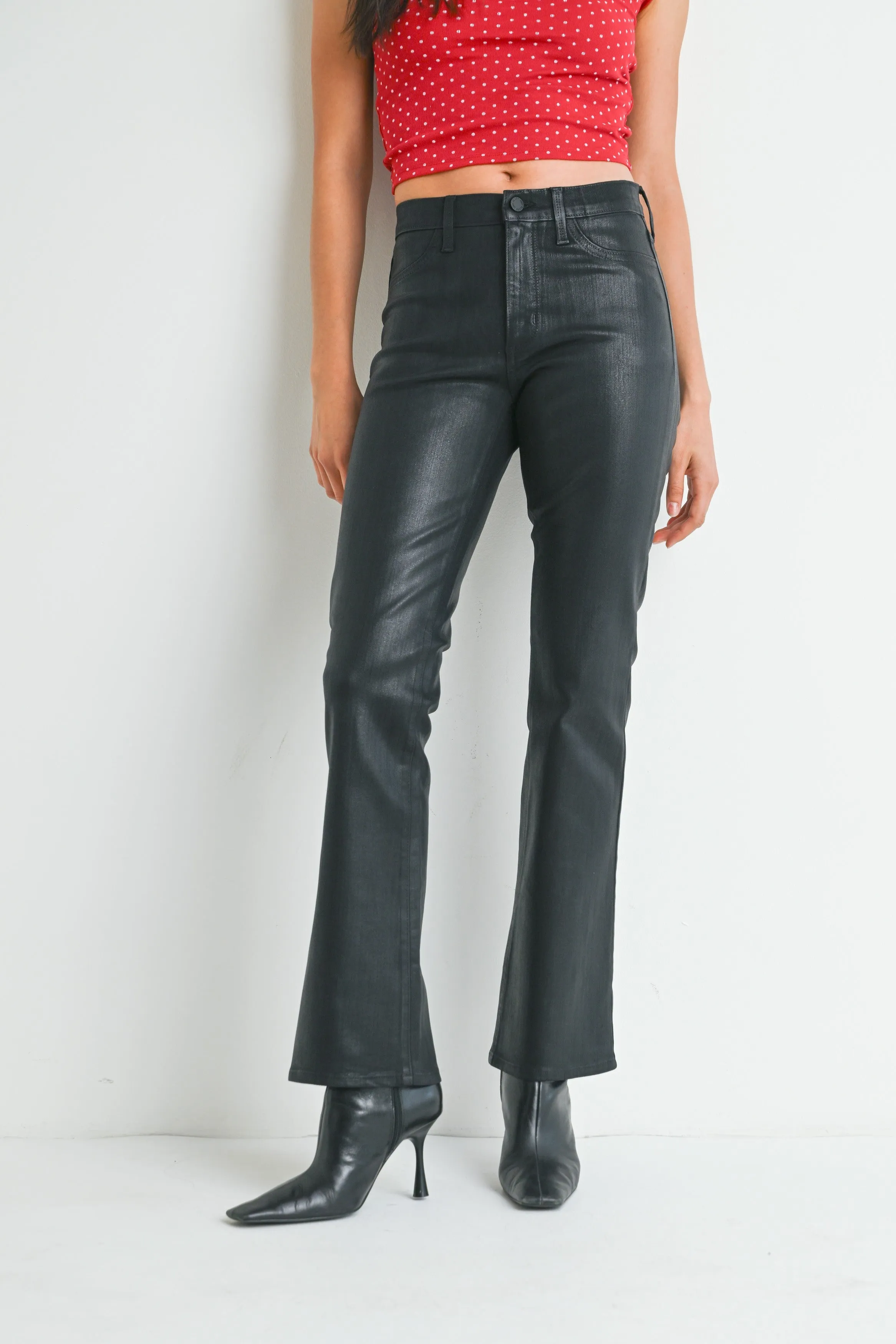 BLACK COATED SLIM BOOTCUT PANT