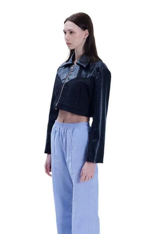 Black Faux Leather Jacquard Crop Jacket
