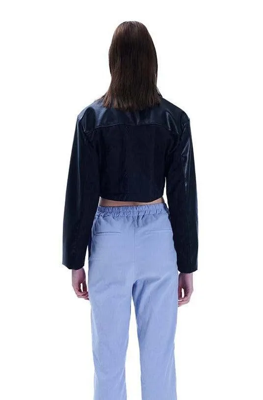 Black Faux Leather Jacquard Crop Jacket