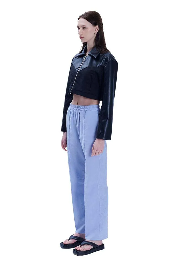 Black Faux Leather Jacquard Crop Jacket