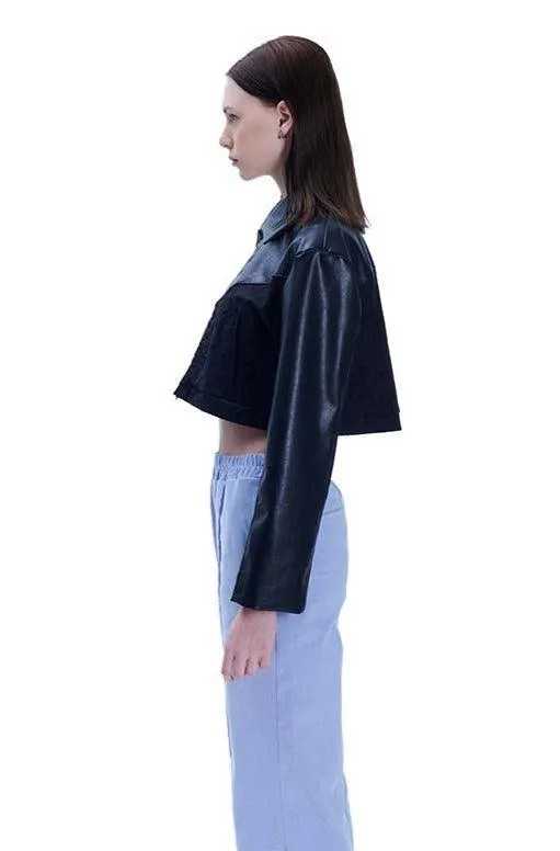 Black Faux Leather Jacquard Crop Jacket