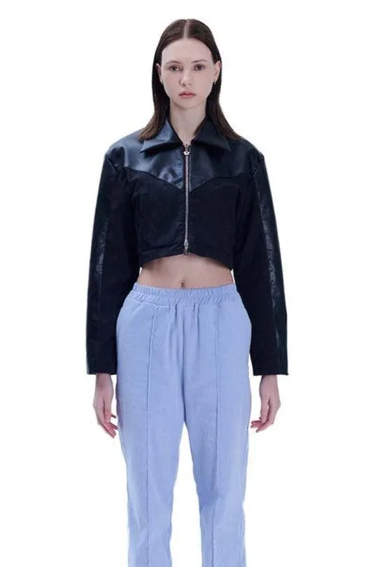 Black Faux Leather Jacquard Crop Jacket