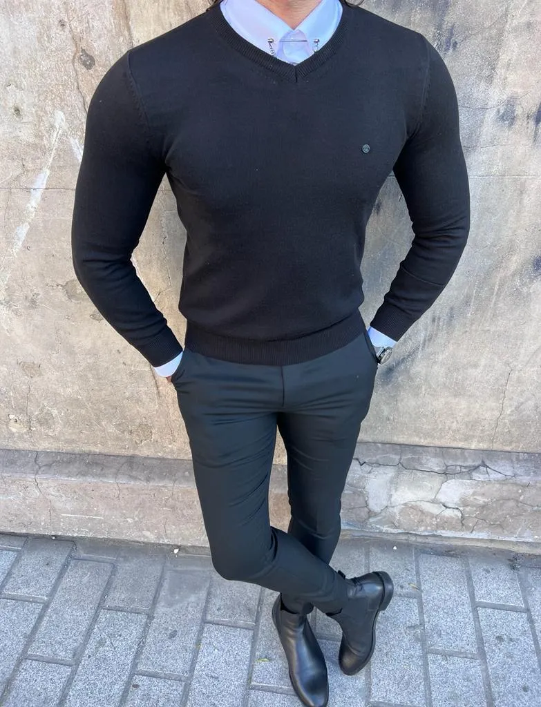 Black Slim Fit V-neck Sweater for Men | GentWith.com
