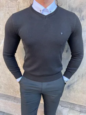 Black Slim Fit V-neck Sweater for Men | GentWith.com