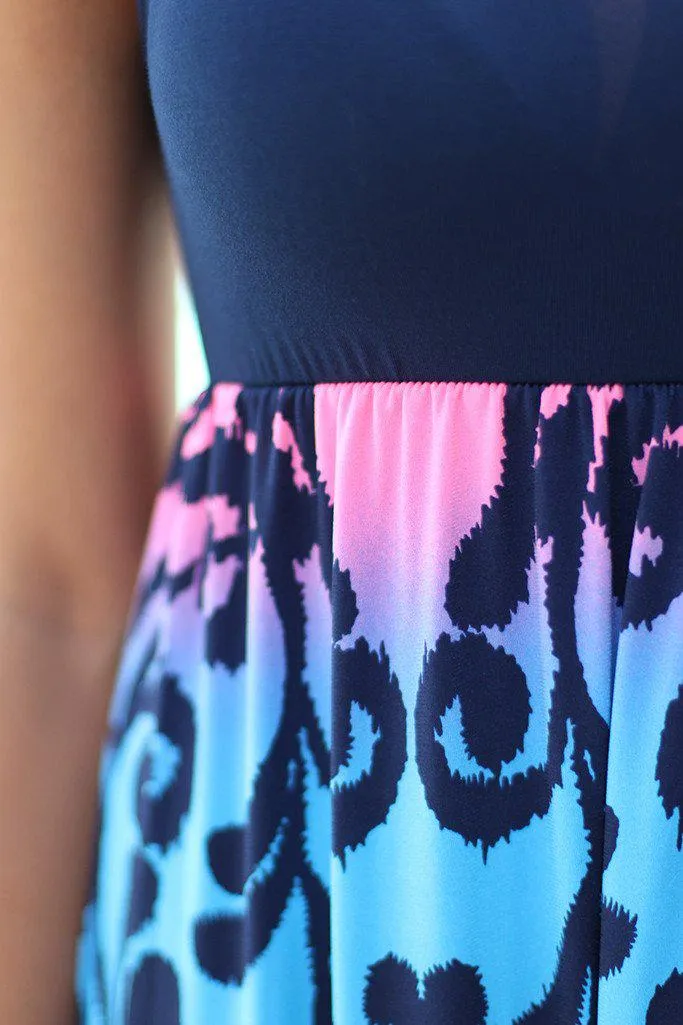 Blue and Pink Printed Maxi Dress