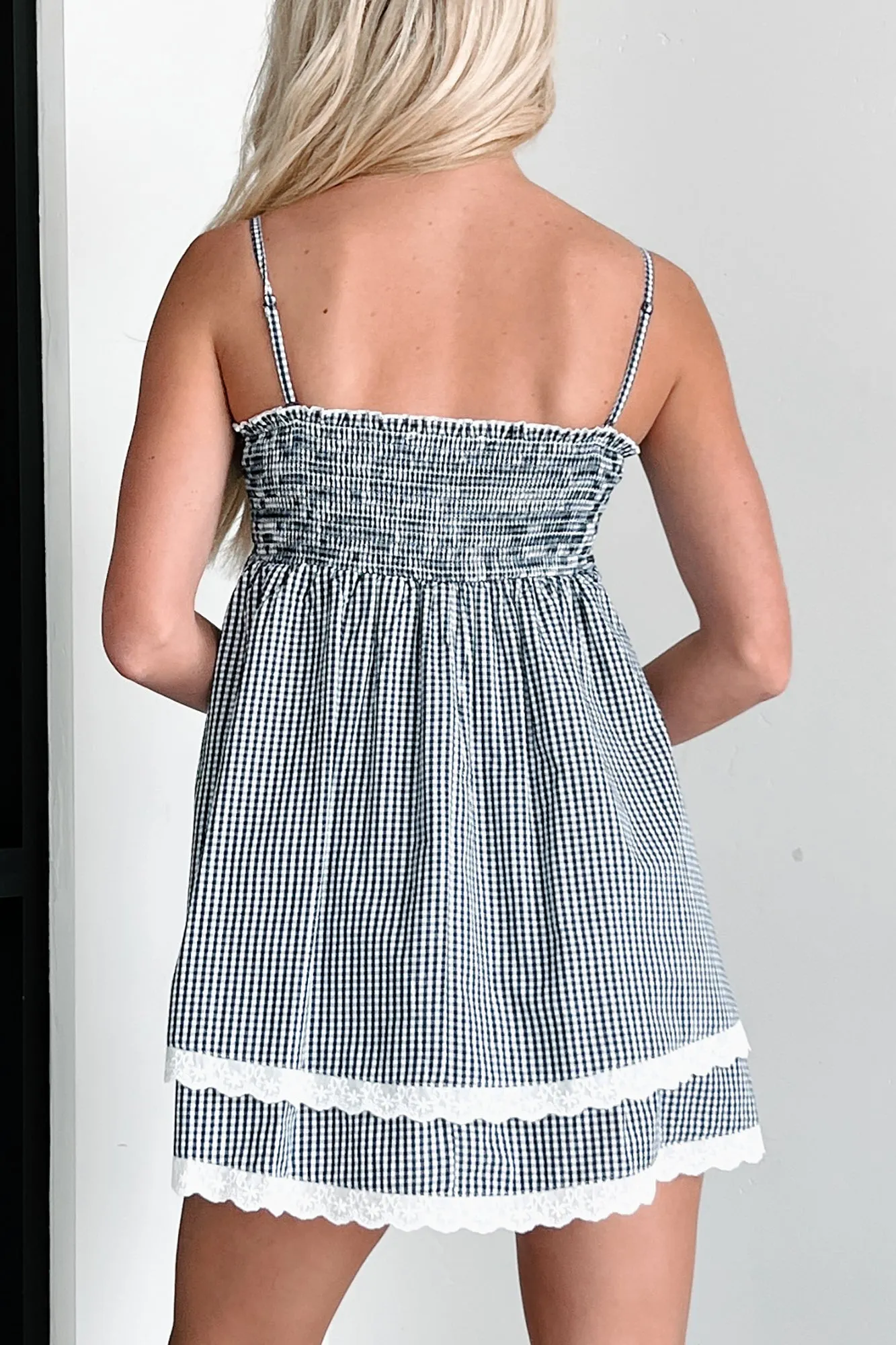 Country Cutie Gingham Babydoll Mini Dress (Navy)