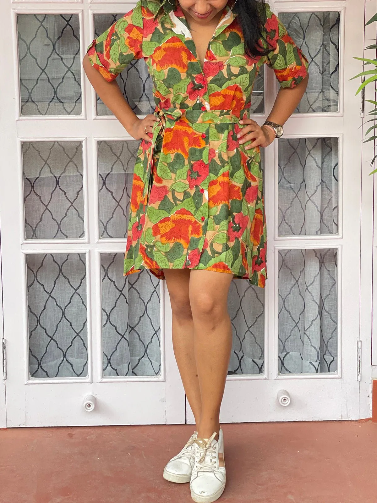 Curved Handblock Print Shirt Dress Green