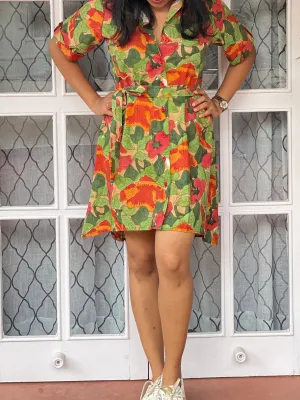 Curved Handblock Print Shirt Dress Green