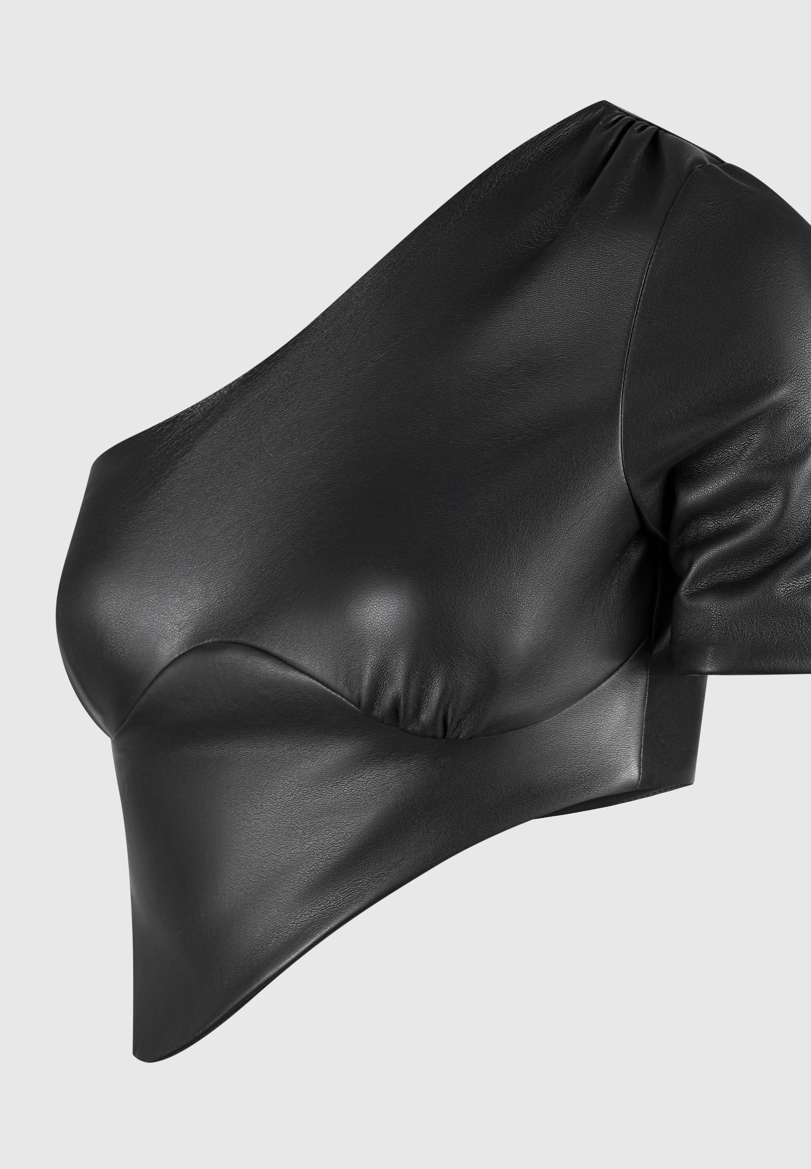 Curved Hem Leather Crop Top - Black