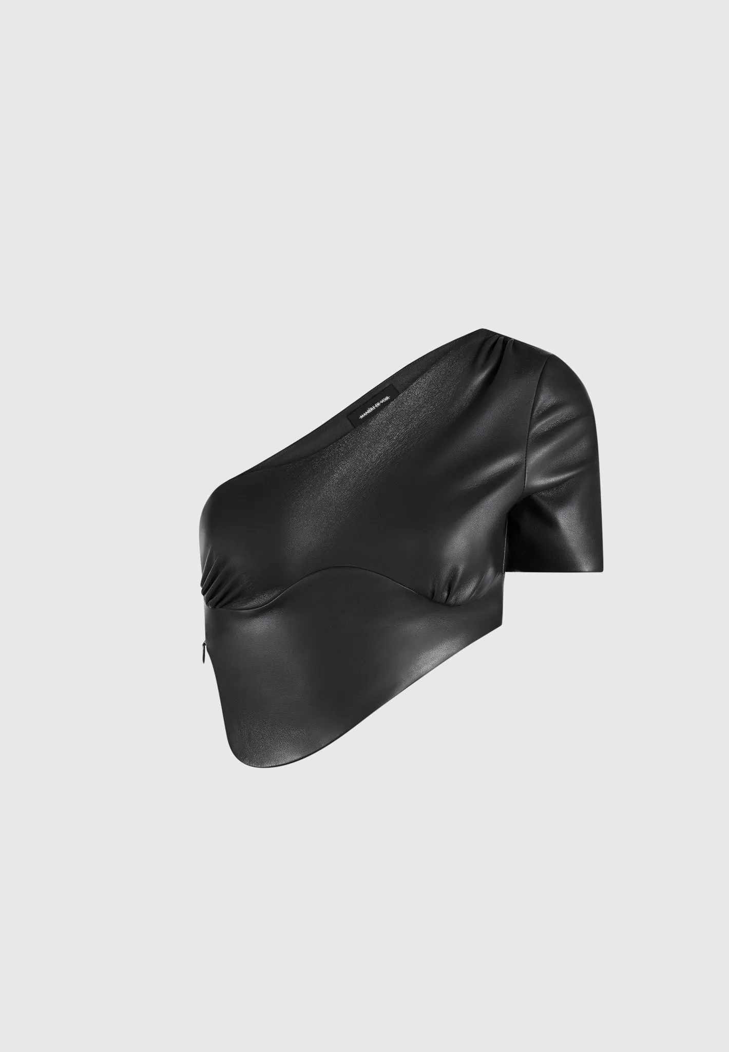 Curved Hem Leather Crop Top - Black