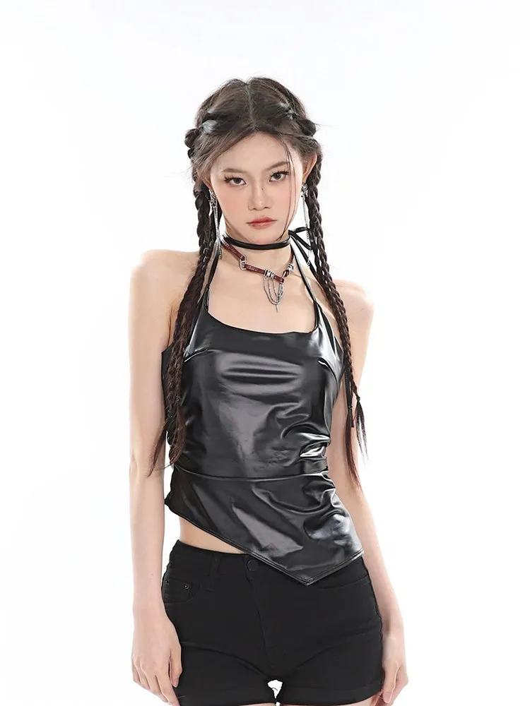 Faux Leather Halter Neck Crop Top with Side Tie