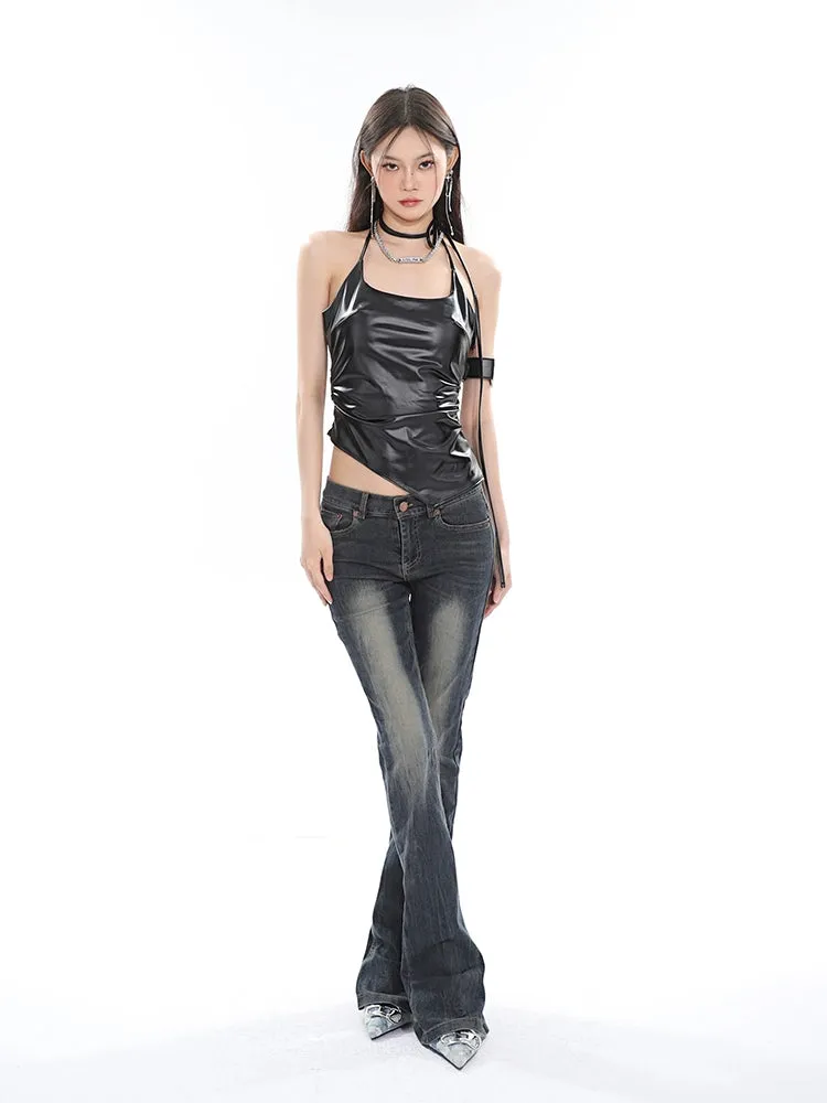 Faux Leather Halter Neck Crop Top with Side Tie