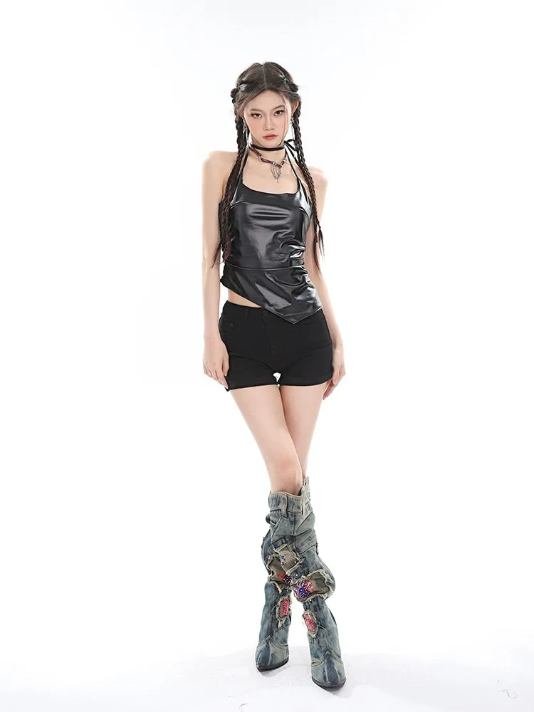 Faux Leather Halter Neck Crop Top with Side Tie