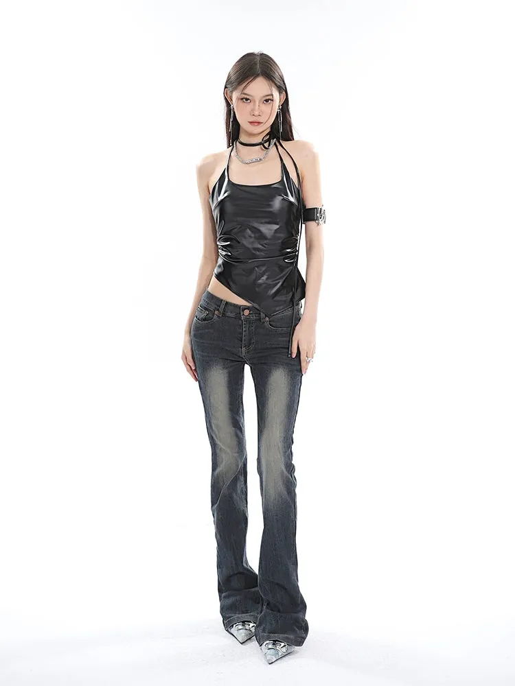 Faux Leather Halter Neck Crop Top with Side Tie