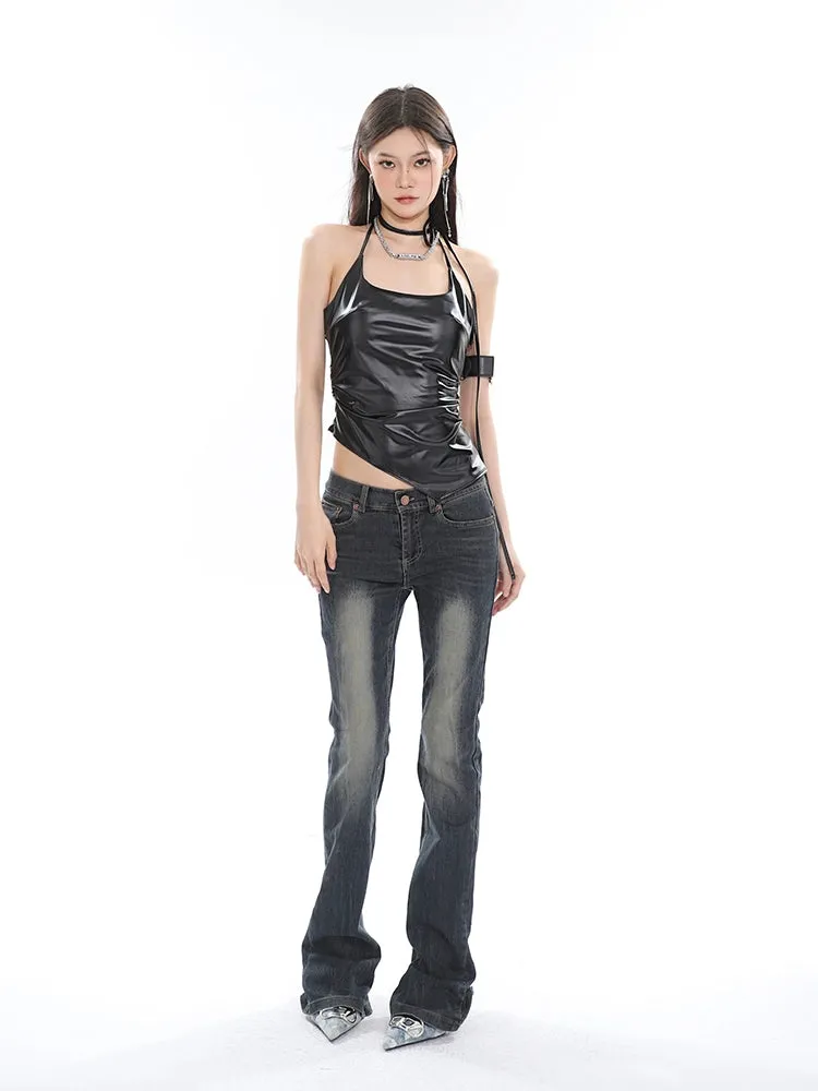 Faux Leather Halter Neck Crop Top with Side Tie