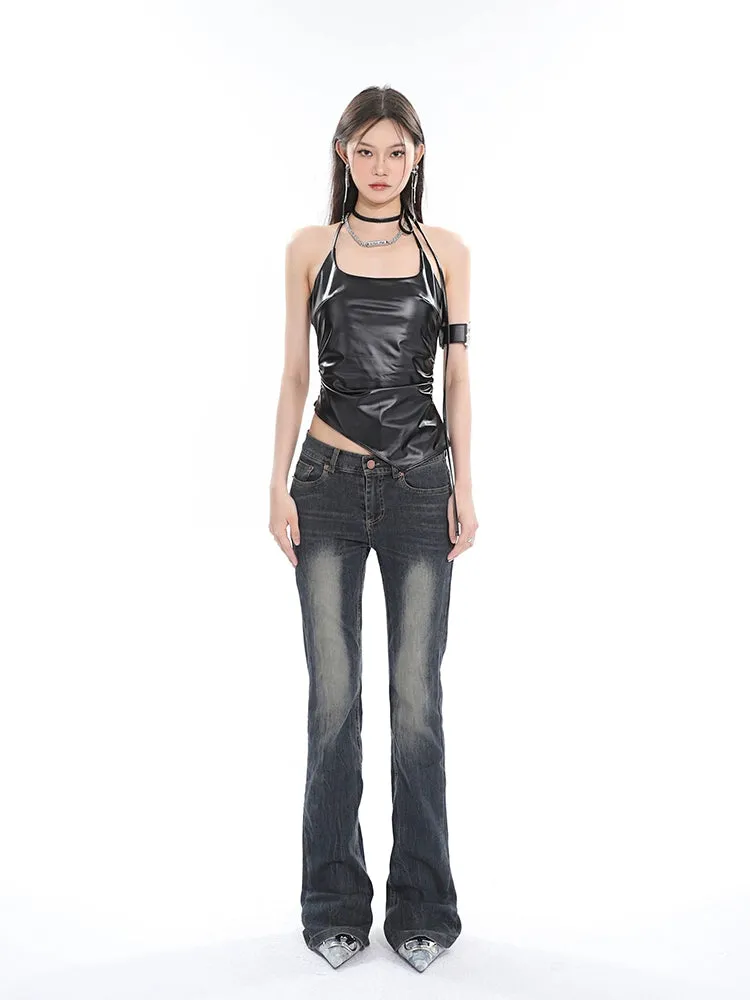 Faux Leather Halter Neck Crop Top with Side Tie