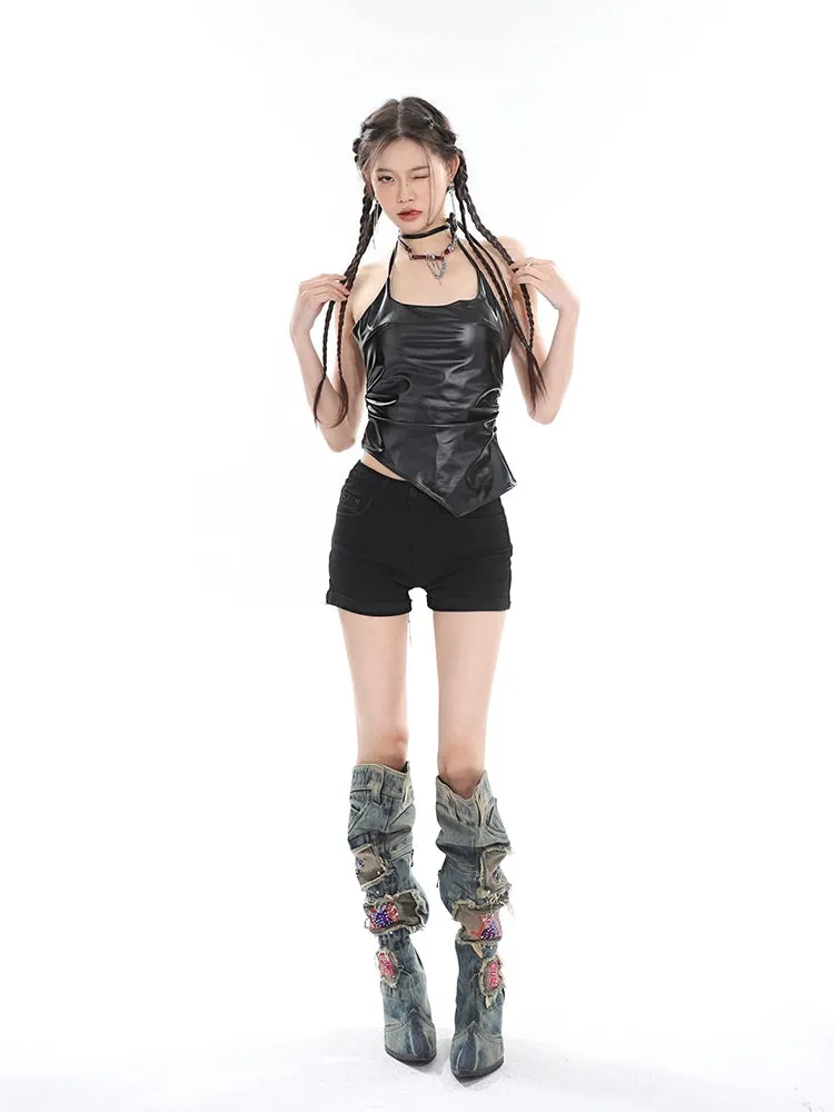Faux Leather Halter Neck Crop Top with Side Tie