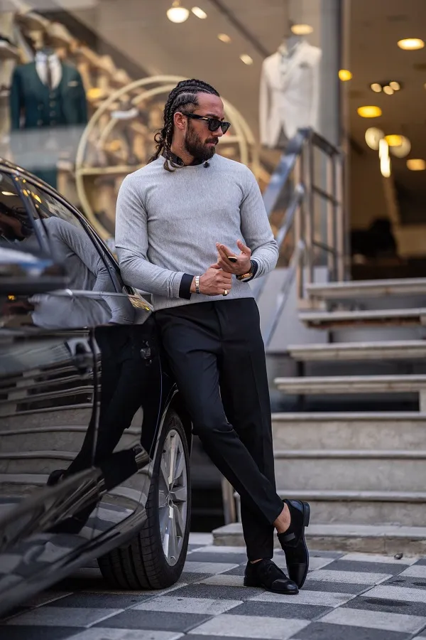 Gray Slim Fit Round Neck Sweater for Men | GentWith.com