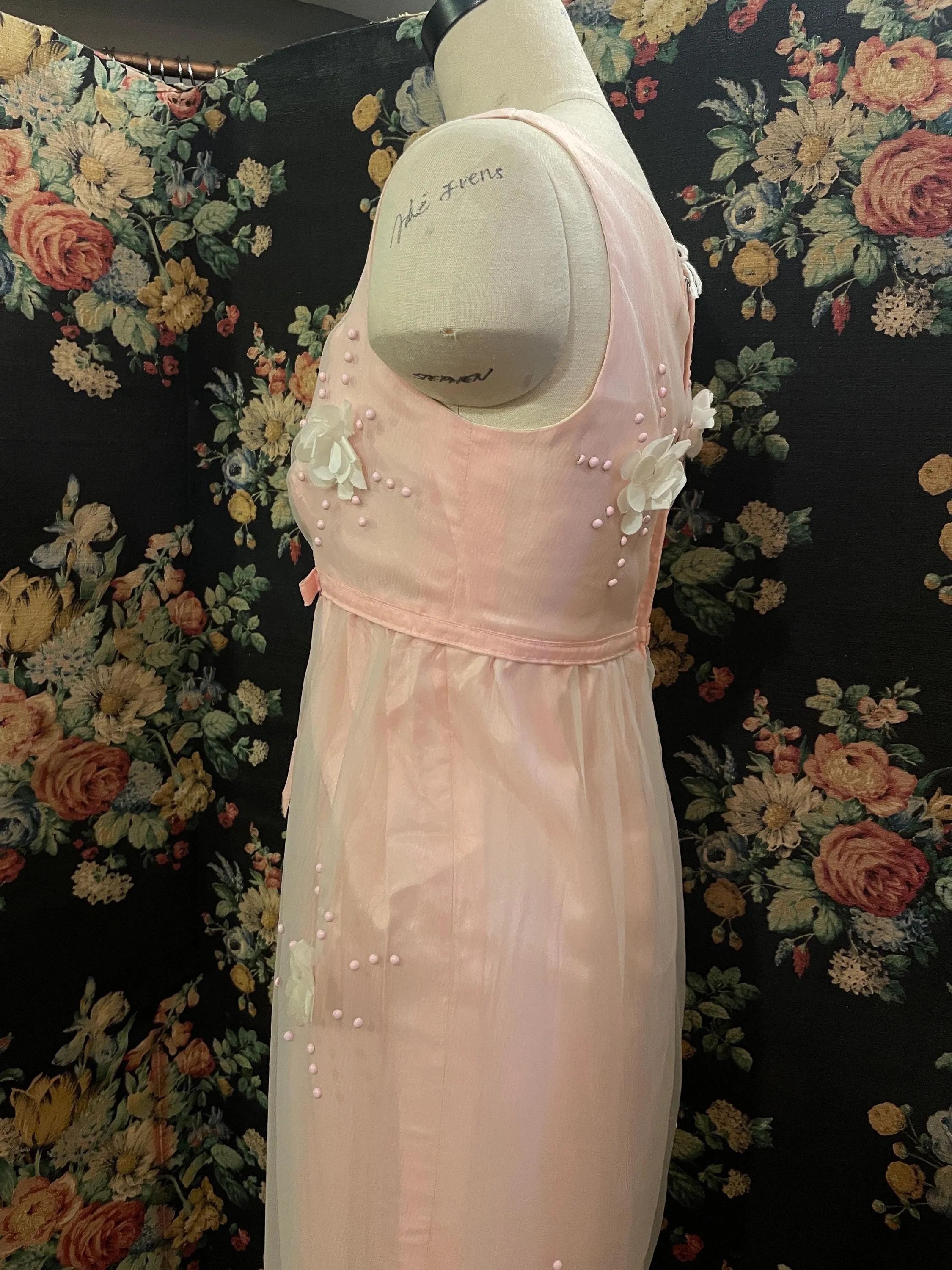 Jean Varon 1960s Maxi Dress Empire Waist Scooped Neckline Evening Gown Baby Pink Designer Vintage Eventwear Bridgerton Regency Period UK 8