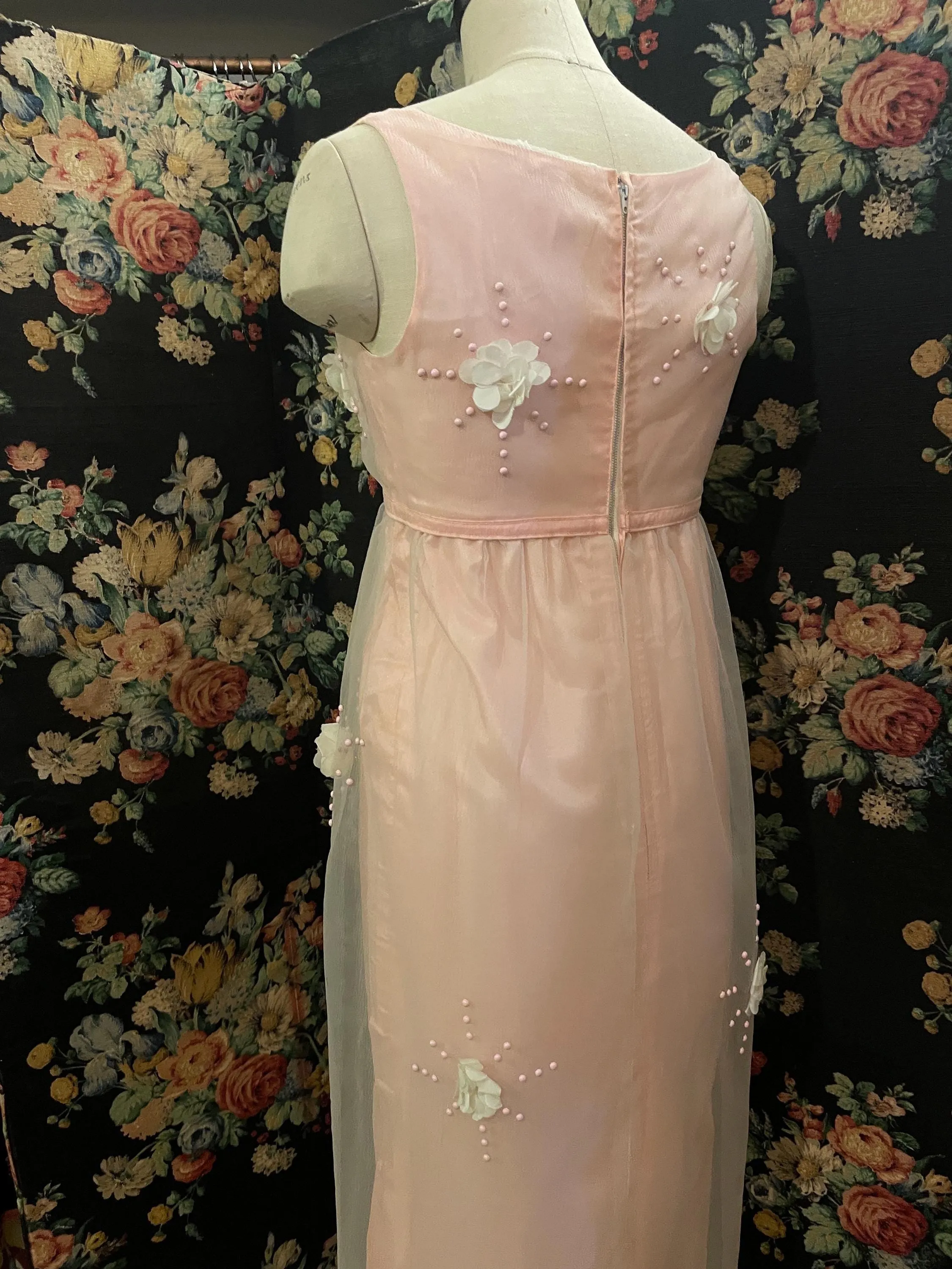 Jean Varon 1960s Maxi Dress Empire Waist Scooped Neckline Evening Gown Baby Pink Designer Vintage Eventwear Bridgerton Regency Period UK 8