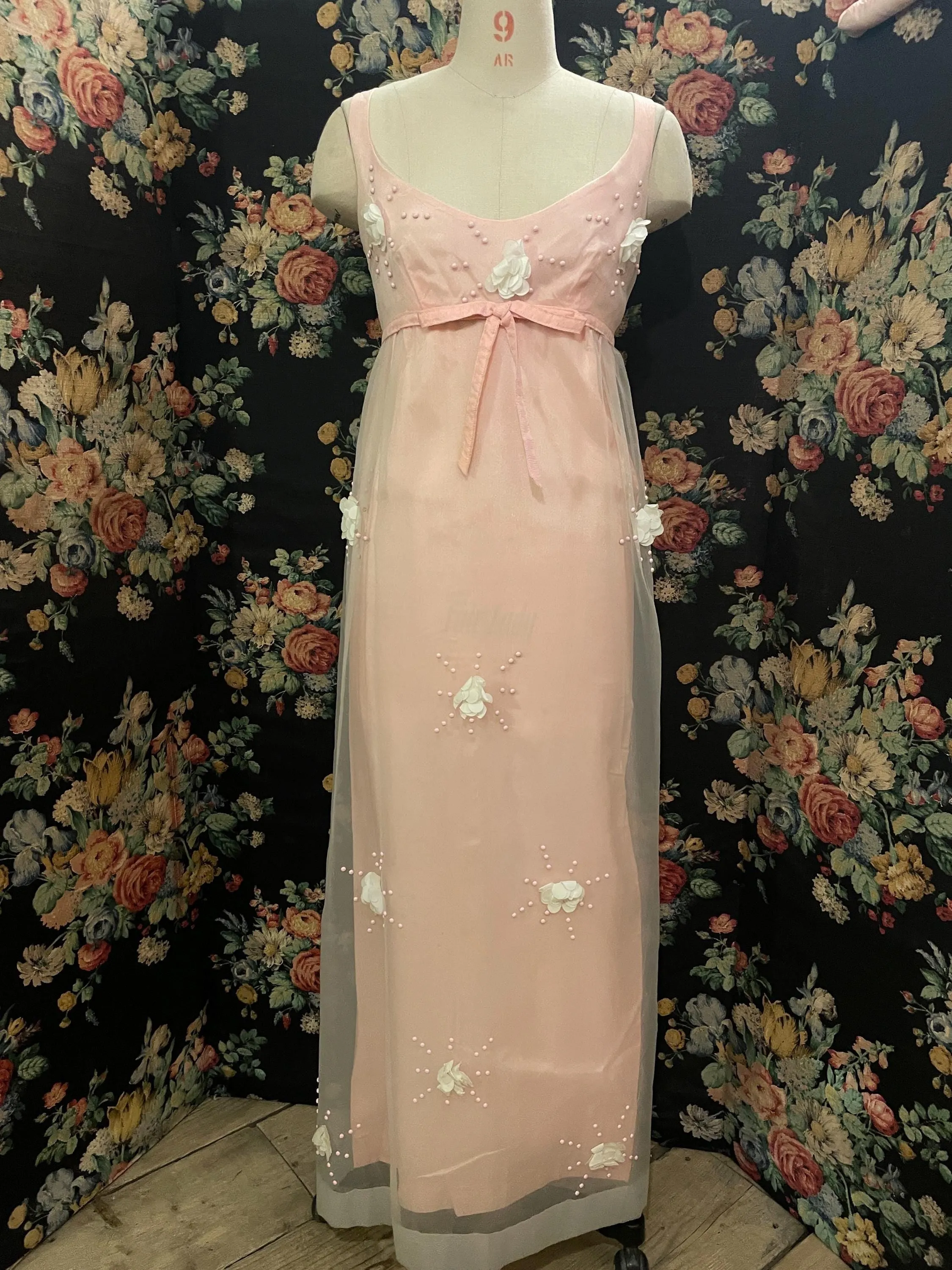 Jean Varon 1960s Maxi Dress Empire Waist Scooped Neckline Evening Gown Baby Pink Designer Vintage Eventwear Bridgerton Regency Period UK 8