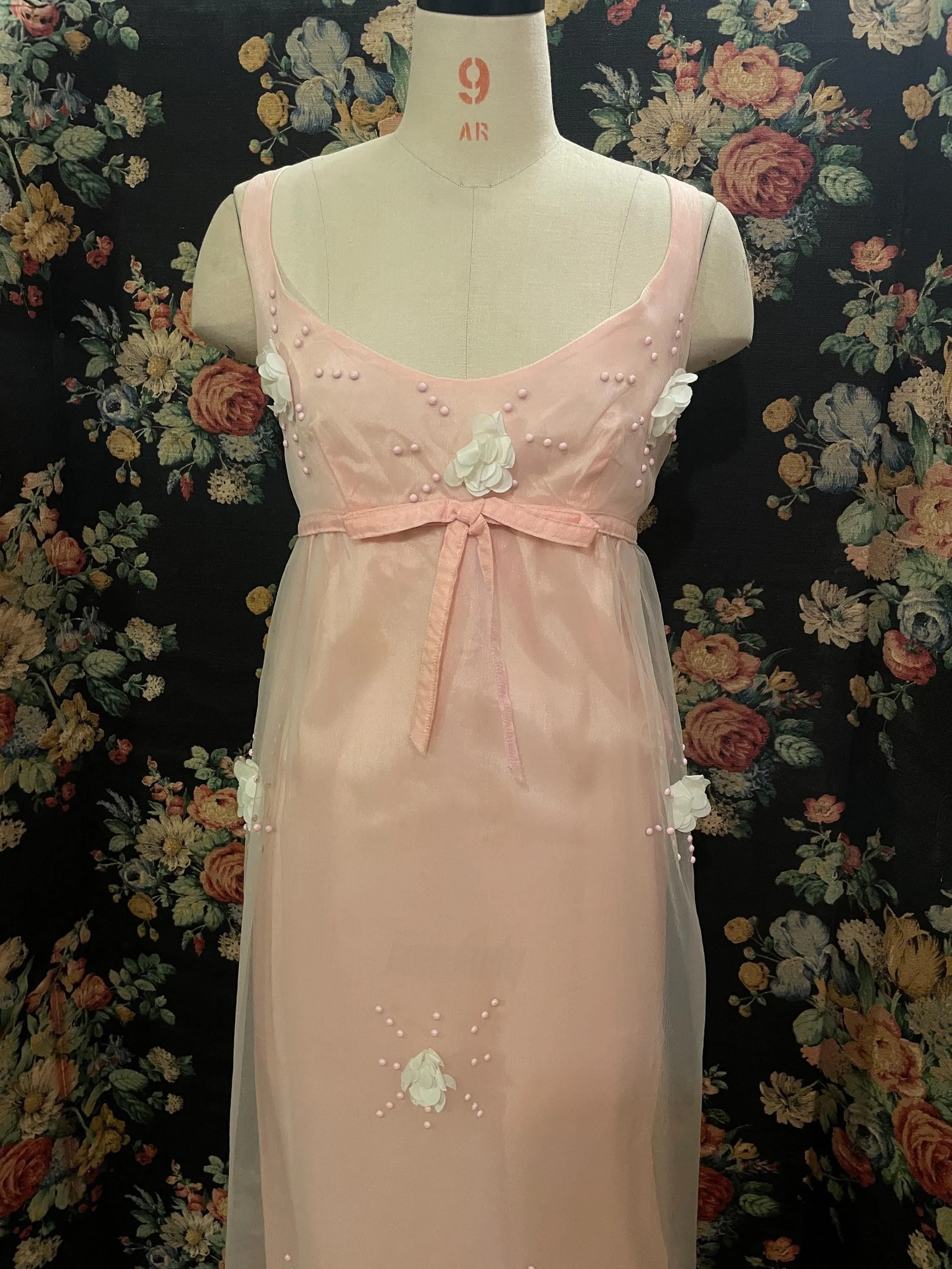 Jean Varon 1960s Maxi Dress Empire Waist Scooped Neckline Evening Gown Baby Pink Designer Vintage Eventwear Bridgerton Regency Period UK 8