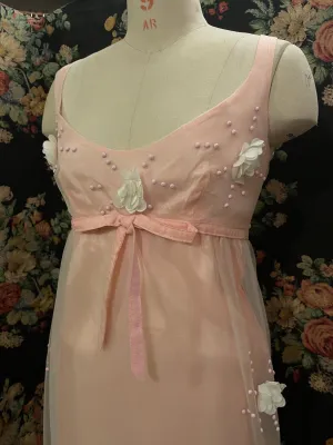 Jean Varon 1960s Maxi Dress Empire Waist Scooped Neckline Evening Gown Baby Pink Designer Vintage Eventwear Bridgerton Regency Period UK 8