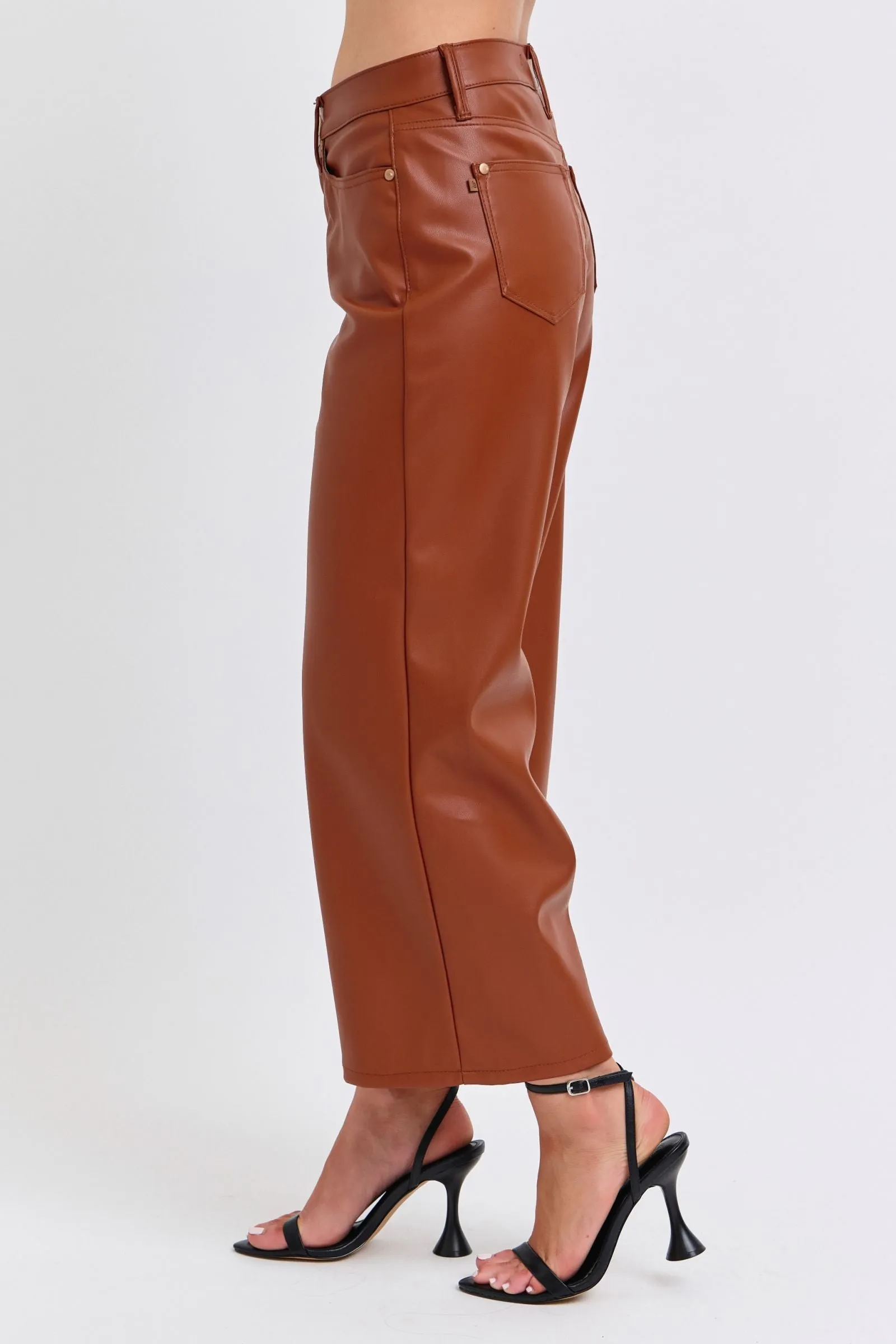 Judy Blue Reg/Plus High Waist Tummy Control Faux Leather Cropped Wide Leg Jeans