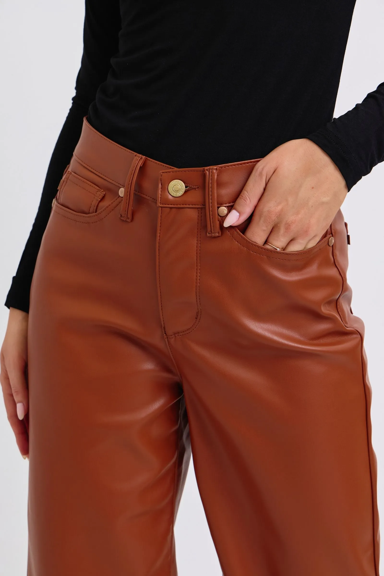 Judy Blue Reg/Plus High Waist Tummy Control Faux Leather Cropped Wide Leg Jeans