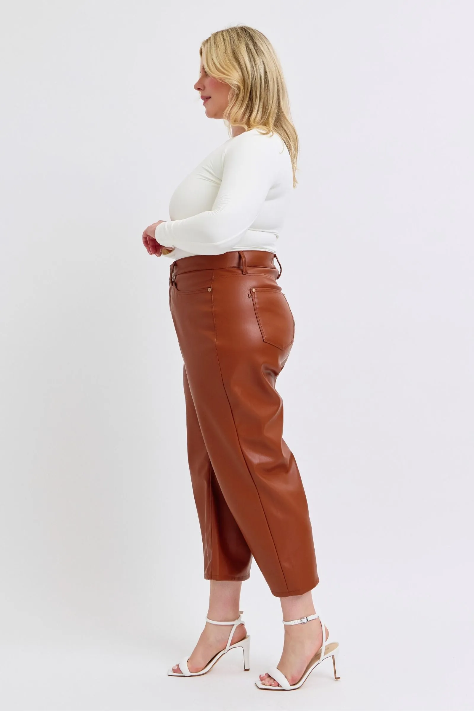 Judy Blue Reg/Plus High Waist Tummy Control Faux Leather Cropped Wide Leg Jeans