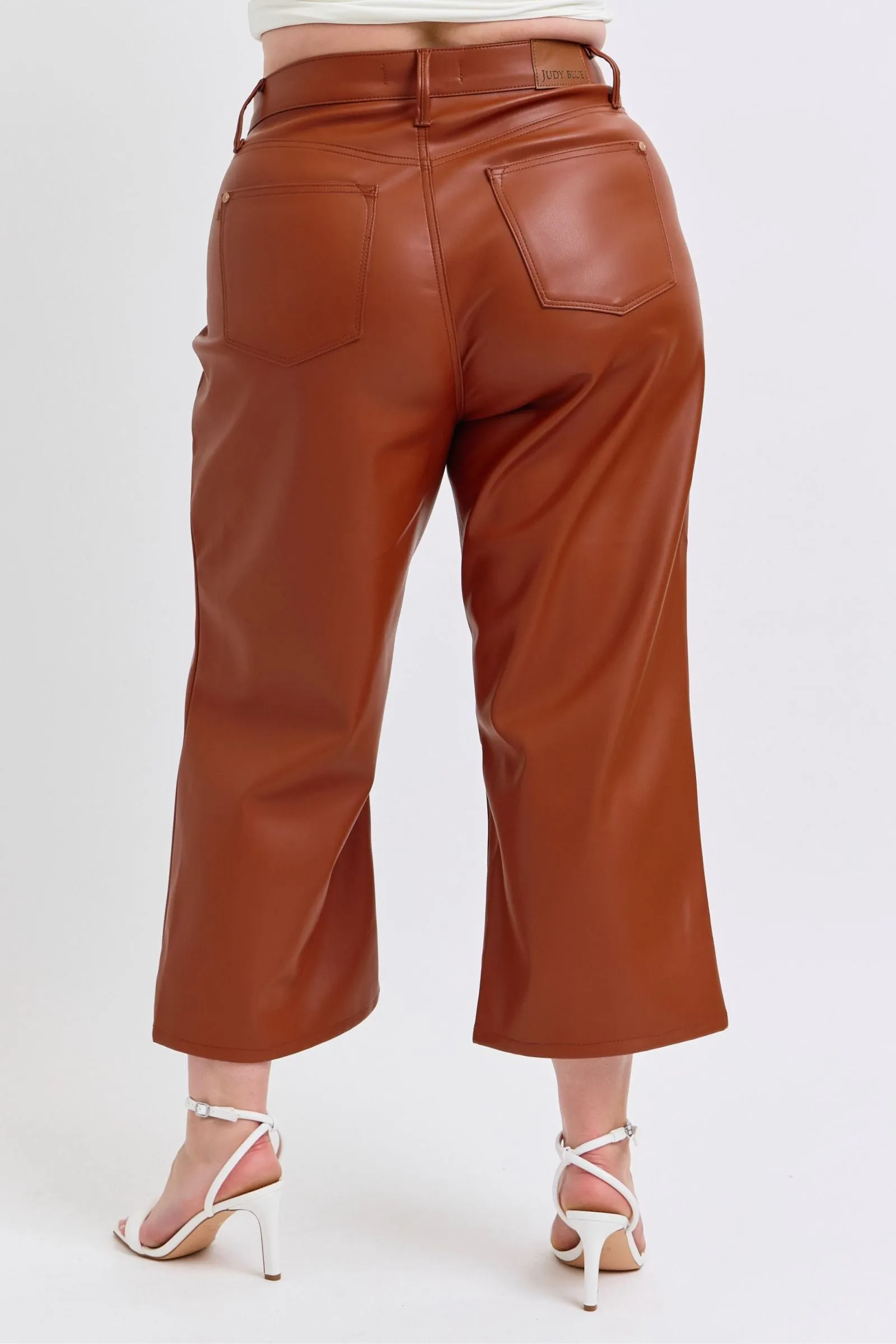 Judy Blue Reg/Plus High Waist Tummy Control Faux Leather Cropped Wide Leg Jeans