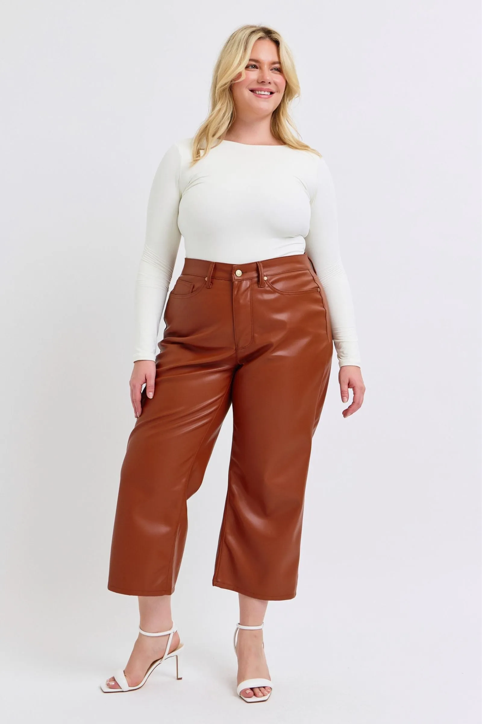 Judy Blue Reg/Plus High Waist Tummy Control Faux Leather Cropped Wide Leg Jeans