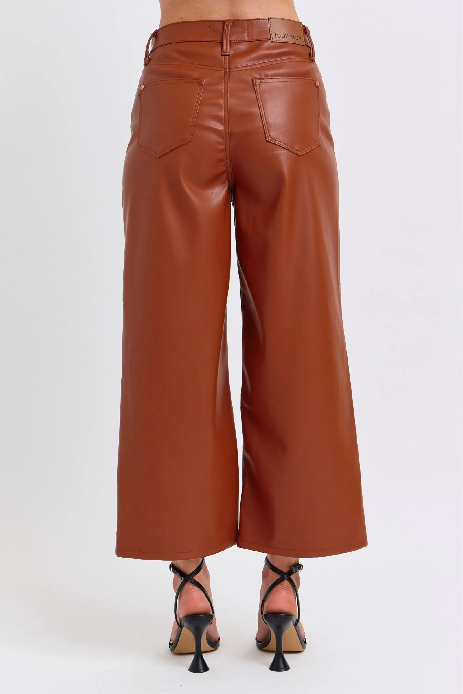 Judy Blue Reg/Plus High Waist Tummy Control Faux Leather Cropped Wide Leg Jeans