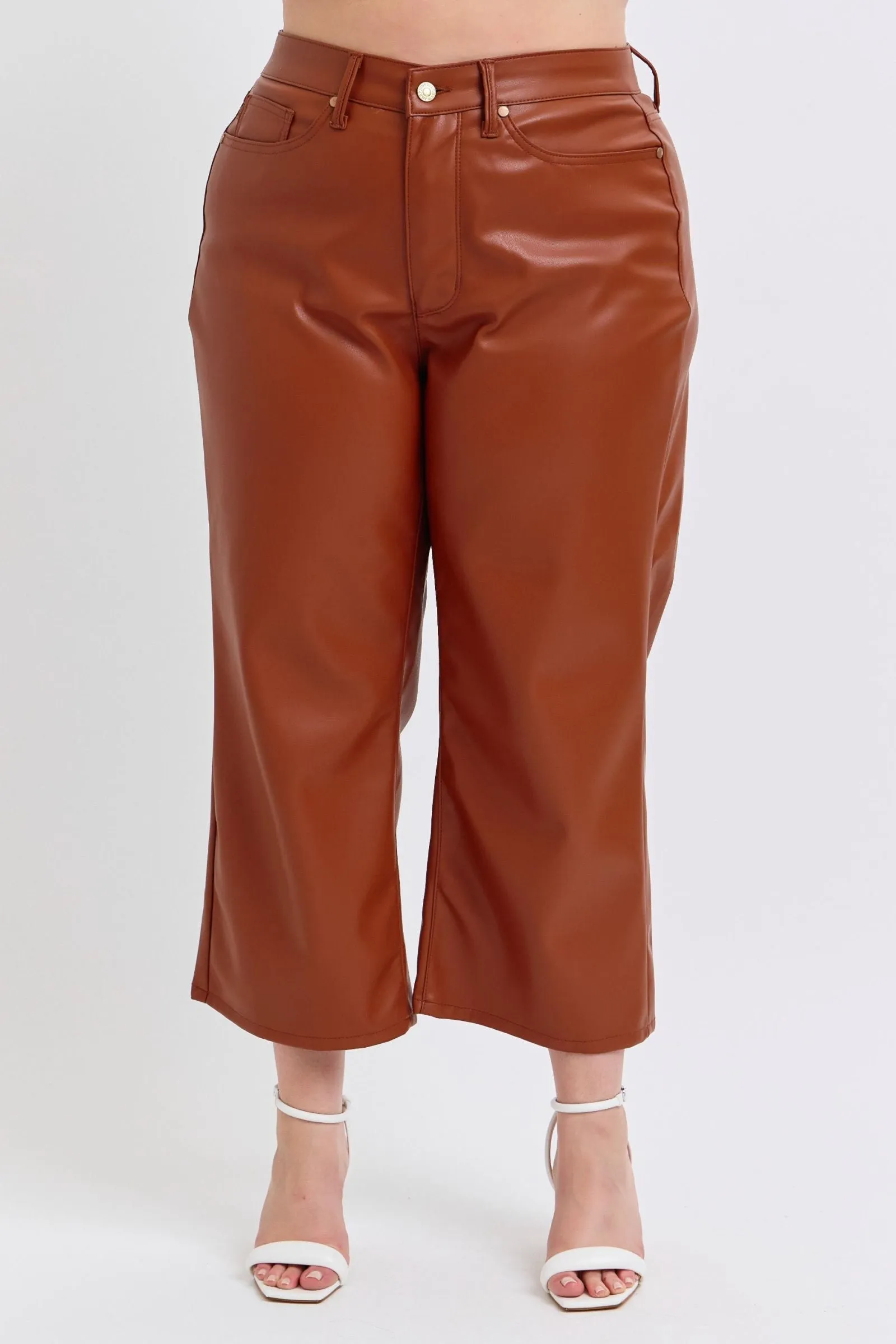 Judy Blue Reg/Plus High Waist Tummy Control Faux Leather Cropped Wide Leg Jeans